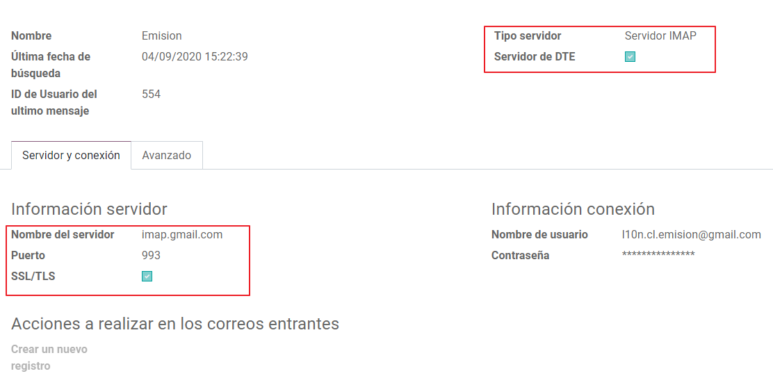 Incoming email server configuration for Chilean DTE.