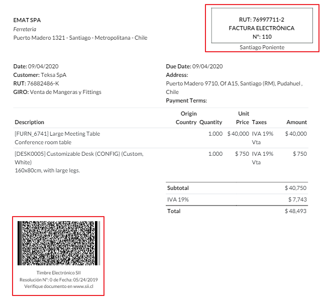 Barcode and fiscal elements in the invoice report.