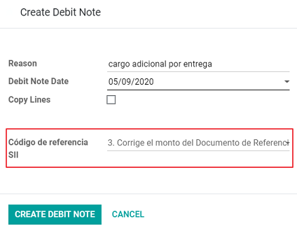Debit note for partial refund to crrect amounts, using the SII reference code 3.