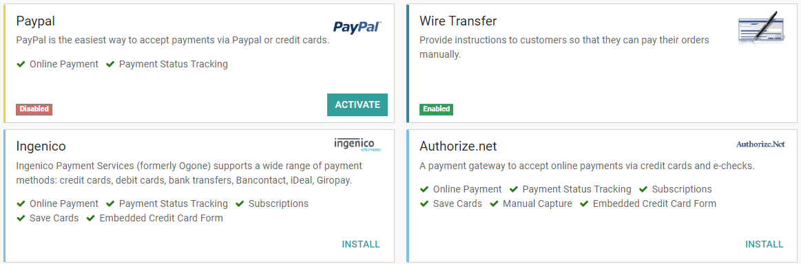 Click on install, then on activate to make the payment acquirer available on CoquiAPPs.