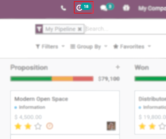 View of crm leads page emphasizing the activities menu for CoquiAPPs Discuss