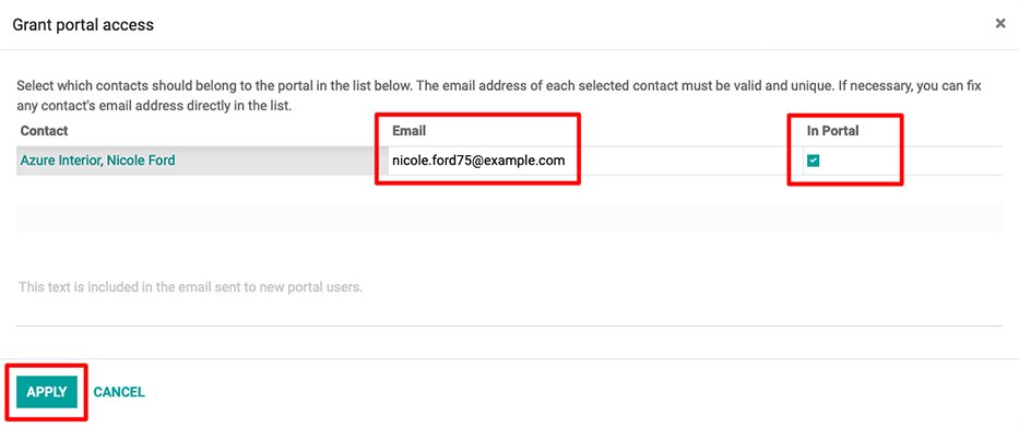 An email address and corresponding checkbox for the contact need to be filled in before sending a portal invitation.