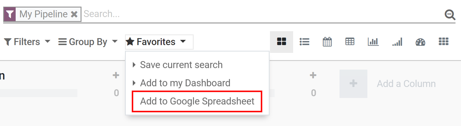 From the CRM application, for example, click on add to Google Spreadsheet in CoquiAPPs