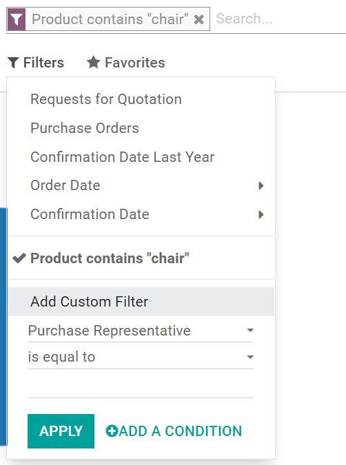 Custom reporting filter in CoquiAPPs Purchase