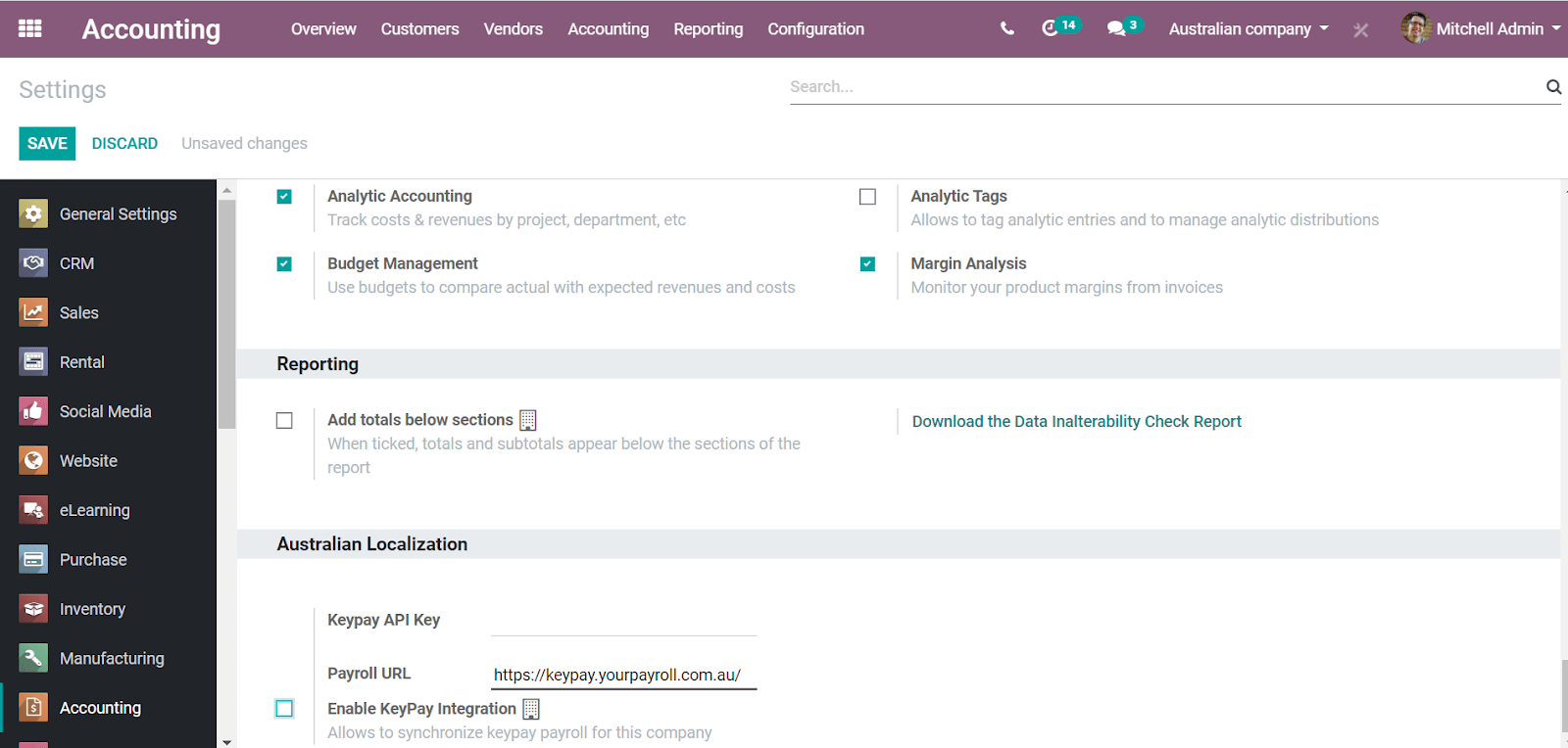 CoquiAPPs Accounting settings includes a section for the Australian Loclization