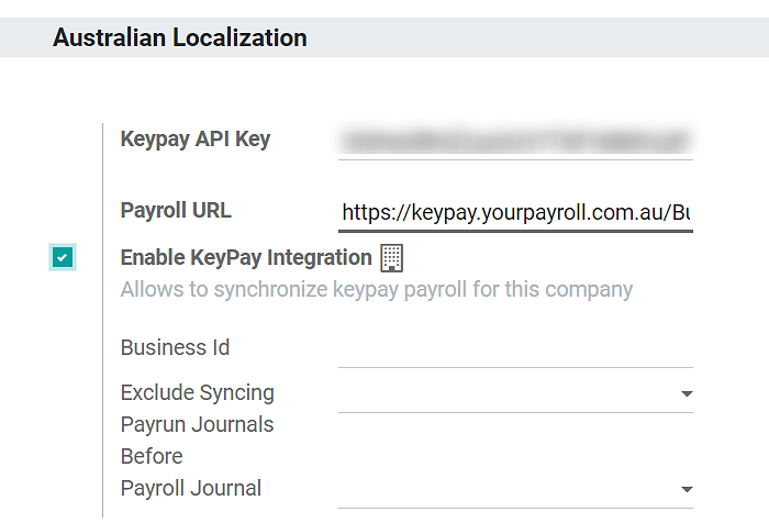 Enabling KeyPay Integration in CoquiAPPs Accounting displays new fields in the settings