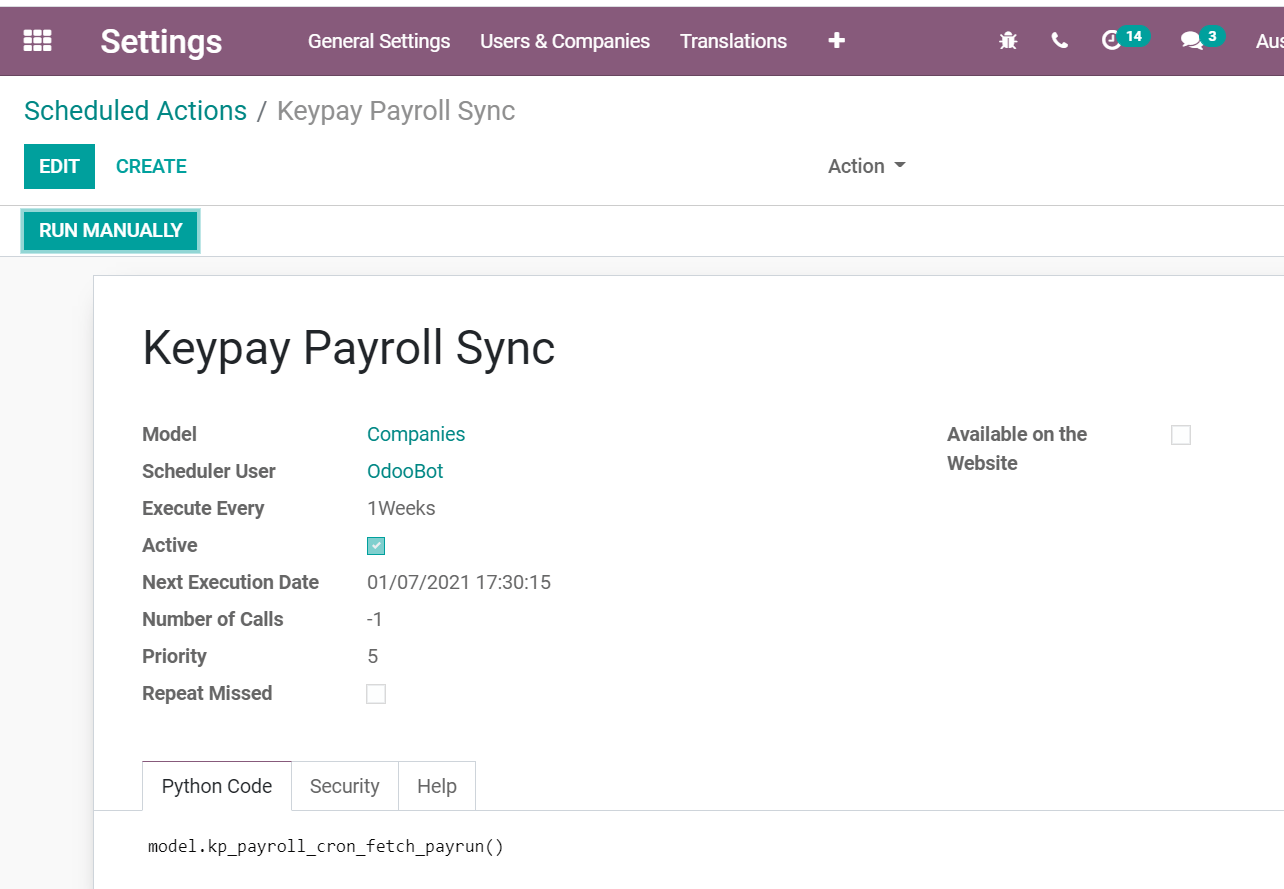 Scheduled Actions settings for KeyPay Payroll in CoquiAPPs (debug mode)