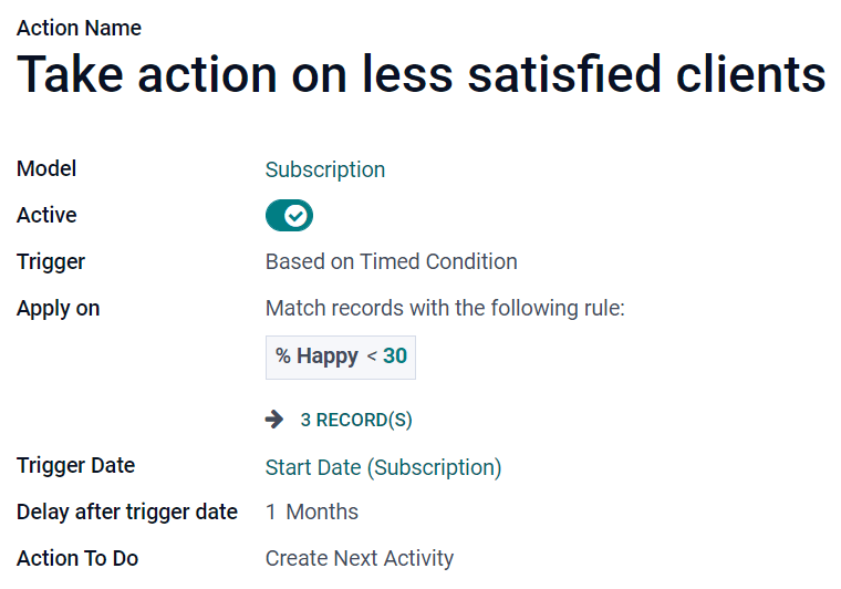 Example of an automated action on the Subscription model