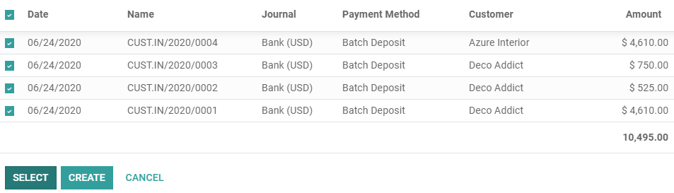 Selection of all payments to include in the Batch Deposit