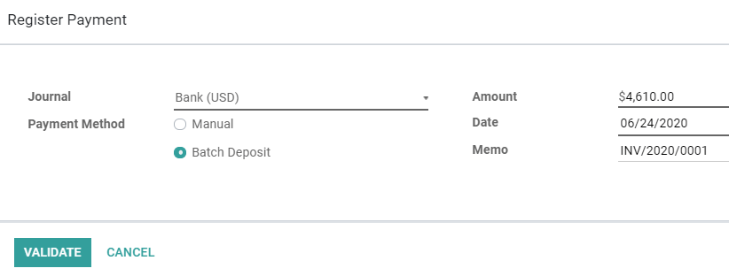 Registering a customer payment as part of a Batch Deposit in CoquiAPPs Accounting
