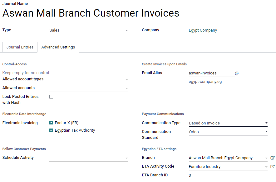 Sales journal configuration of an Egyptian company's branch