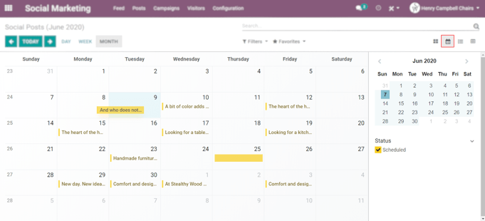 Example of the calendar view in CoquiAPPs Social Marketing.