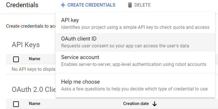 OAuth client id selection.