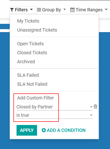 Filter for tickets closed by customers on CoquiAPPs Helpdesk's reporting page.
