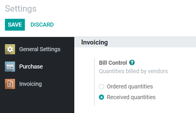 Vendor bills default control setting for new products in CoquiAPPs Purchase
