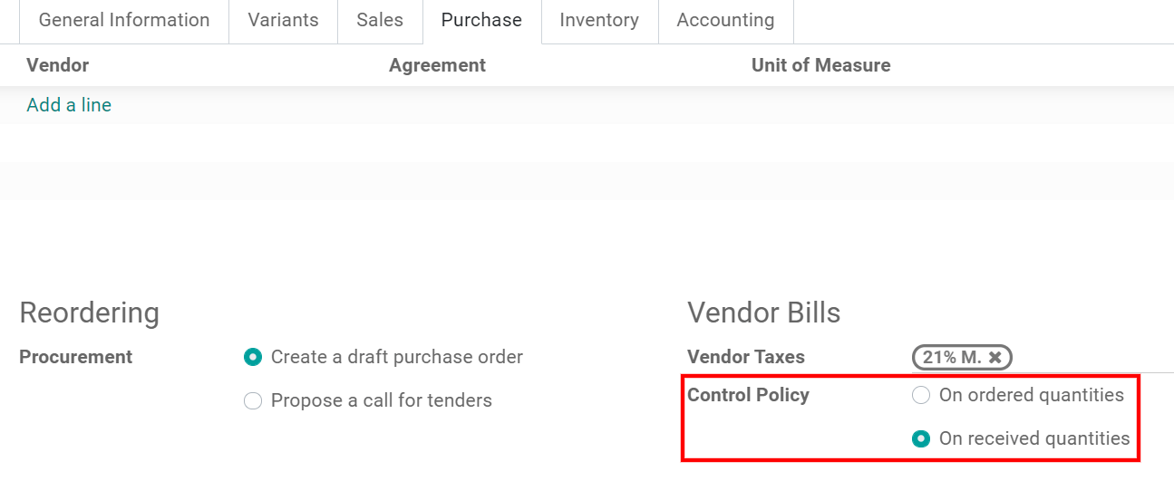 Vendor bills default control setting for new products in CoquiAPPs Purchase