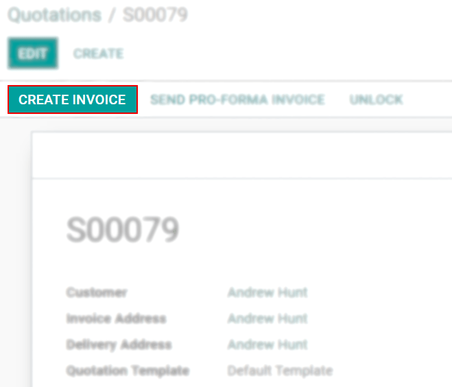 View of a sales order emphasizing the create invoice button in CoquiAPPs Sales
