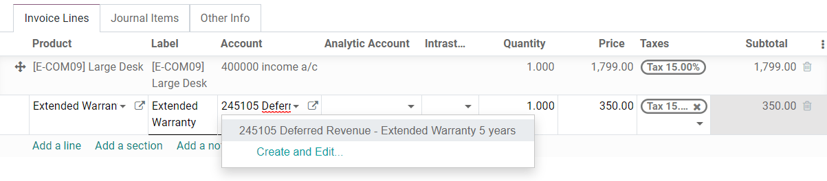 Selection of a Deferred Revenue Account on a draft invoice in CoquiAPPs Accounting