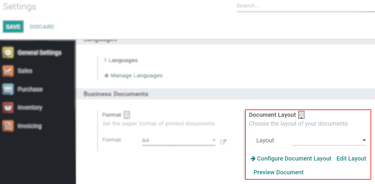 View of the settings page emphasizing the document layout field in CoquiAPPs