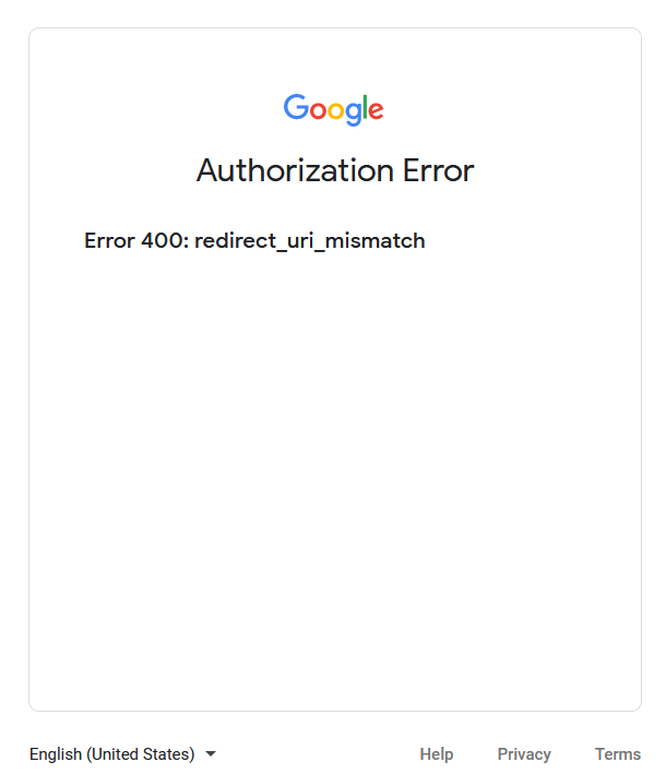 Error 400 Redirect URI Mismatch.
