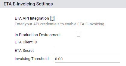 Configuration of the ETA E-Invoicing credentials in CoquiAPPs Accounting