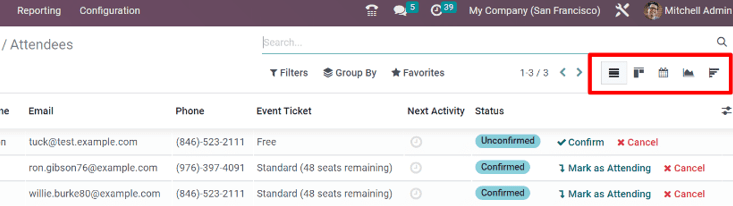 Various view options on the attendees list page.