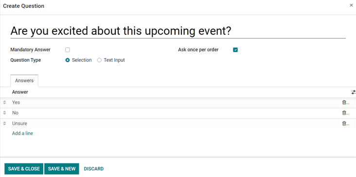 View of an event form, open the questions tab, and add a question.