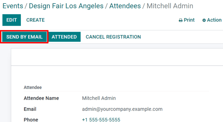 View of an attendee form emphasizing the send by email and cancel registration in CoquiAPPs Events.