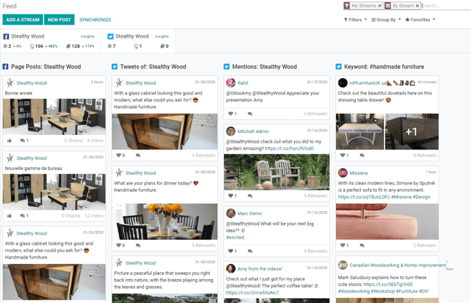 Example of how a populated stream-filled dashboard looks in CoquiAPPs Social Marketing