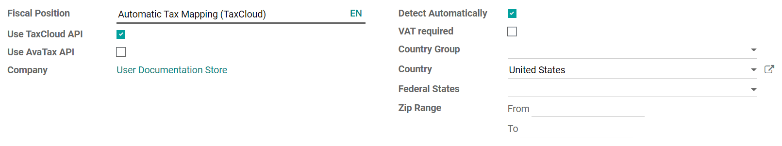Detect Automatically setting on the TaxCloud fiscal position