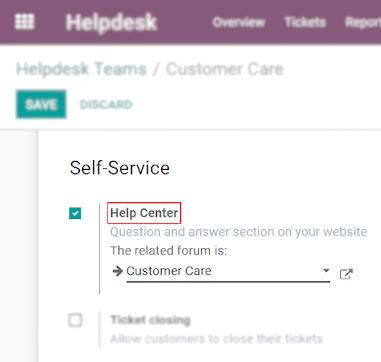 Overview of the settings page of a helpdesk team emphasizing the help center feature in CoquiAPPs Helpdesk