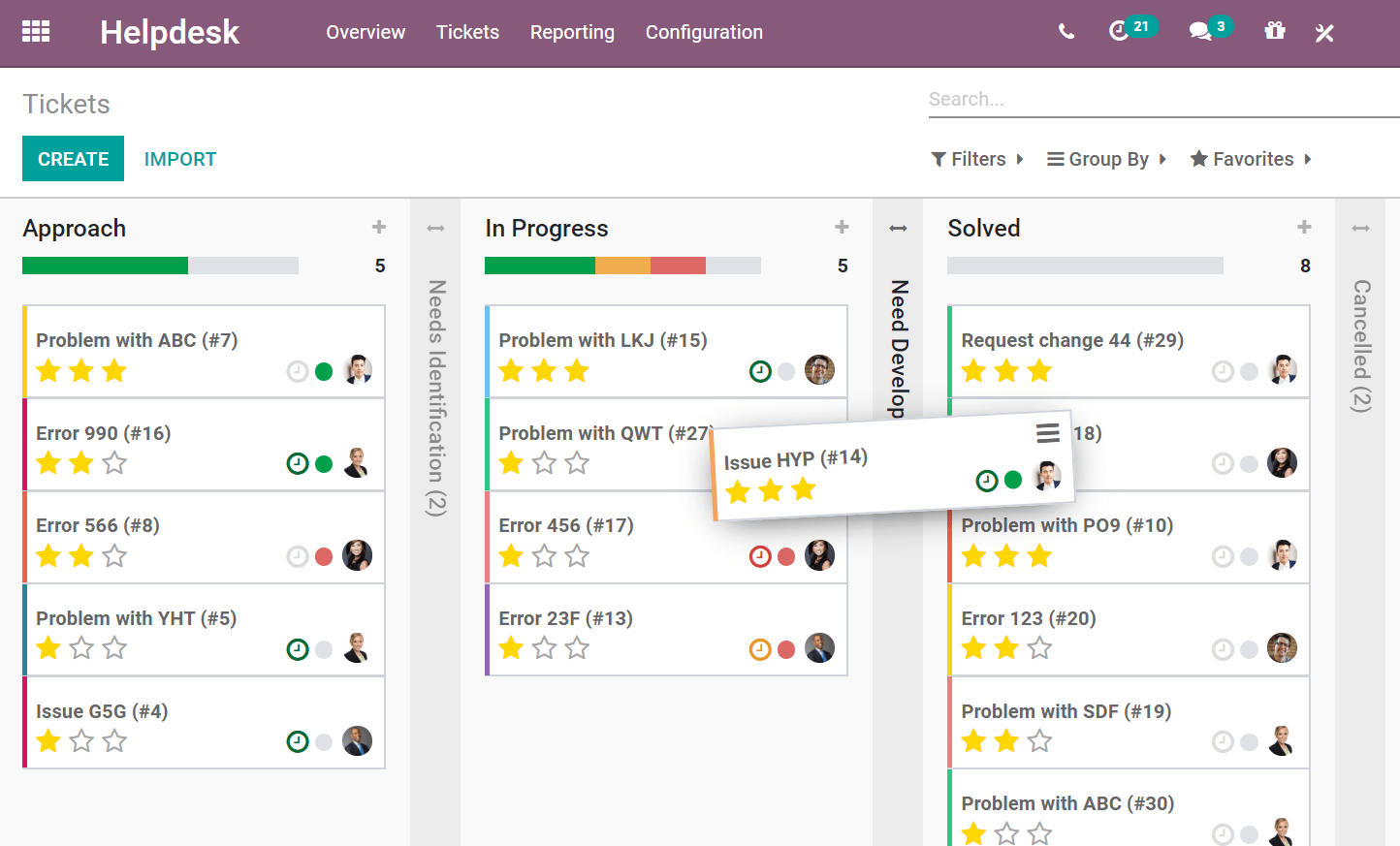 View of a team’s kanban view in CoquiAPPs Helpdesk
