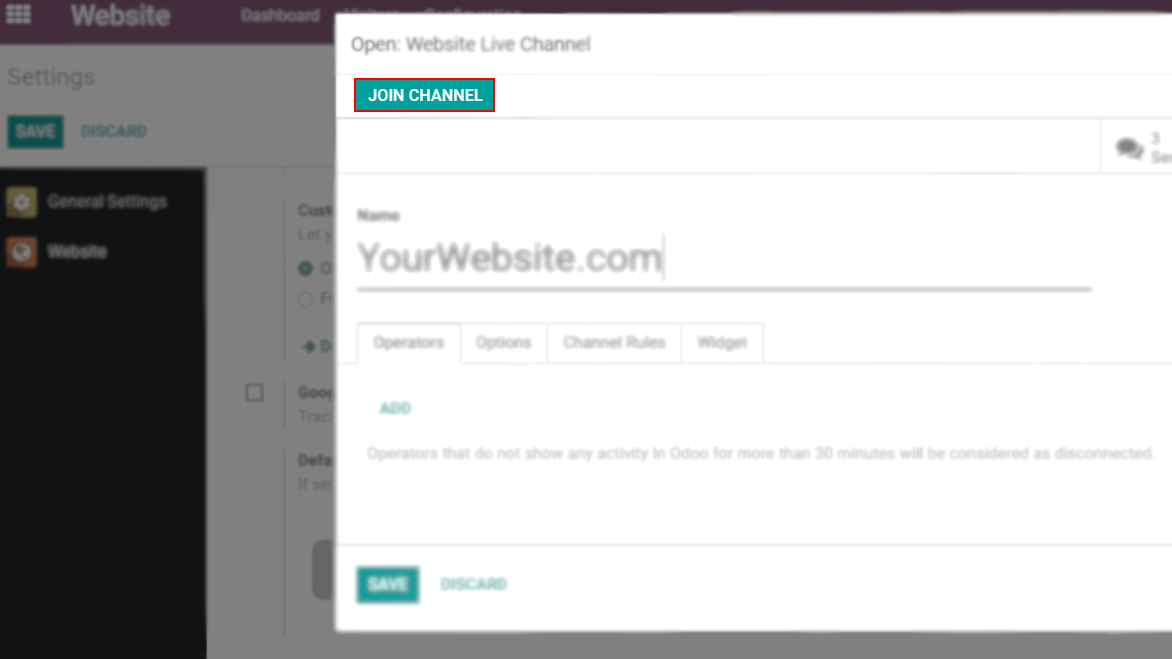 View of a channel form and the option to join a channel for CoquiAPPs Live Chat