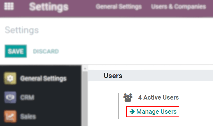 View of the settings page emphasizing the manage users field in CoquiAPPs