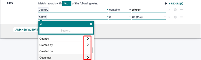 The drop-down filter menu in the Marketing Automation application.