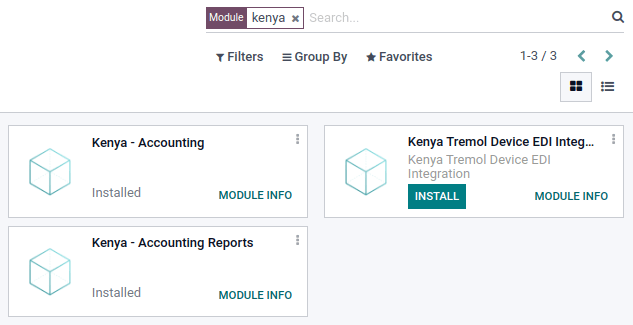 The three modules for the Kenya Fiscal Localization Package on CoquiAPPs