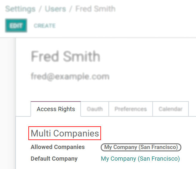 View of a user’s form emphasizing the multi companies field in CoquiAPPs