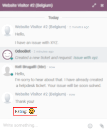 View of a chat window from an operator’s side highlighting a rating for CoquiAPPs Live Chat