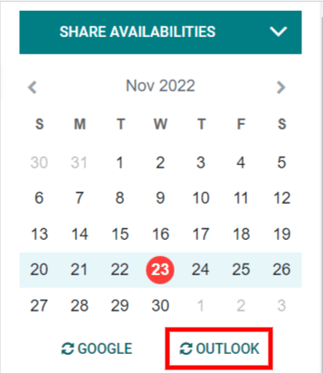 The "Outlook" sync button in CoquiAPPs Calendar.