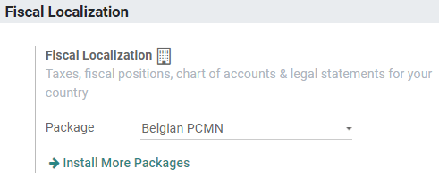 Select your country's fiscal localization package in CoquiAPPs Accounting.
