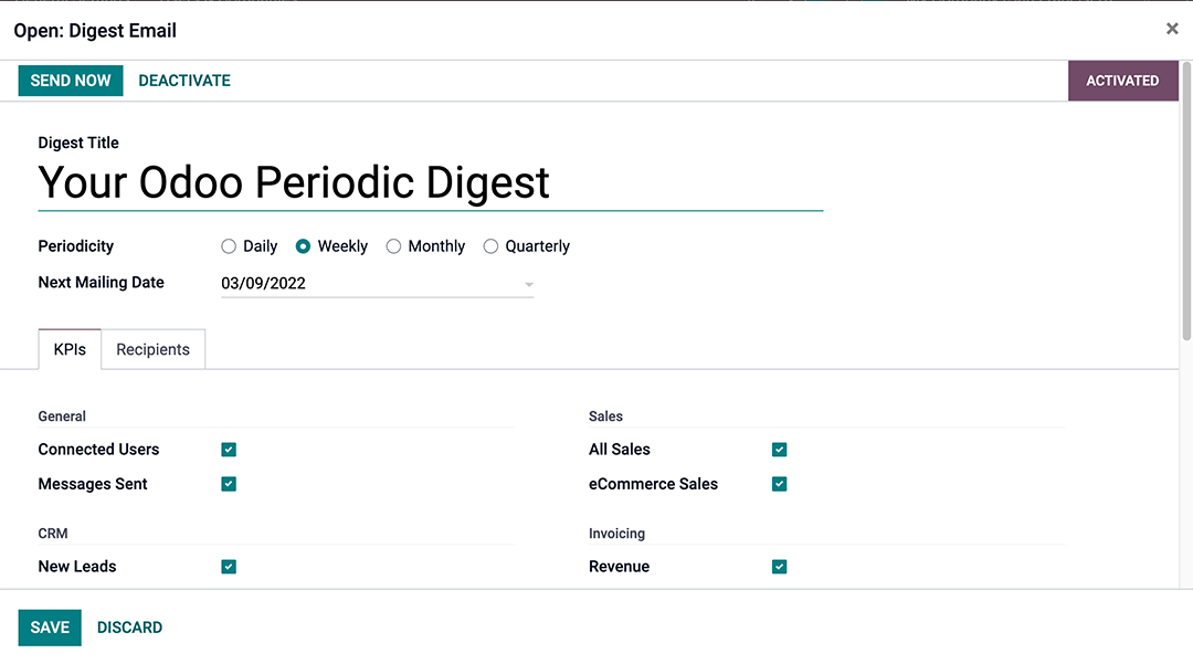 Customize default Digest Email settings and custom KPIs.