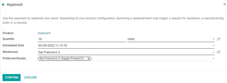 The form for replenishing a product.