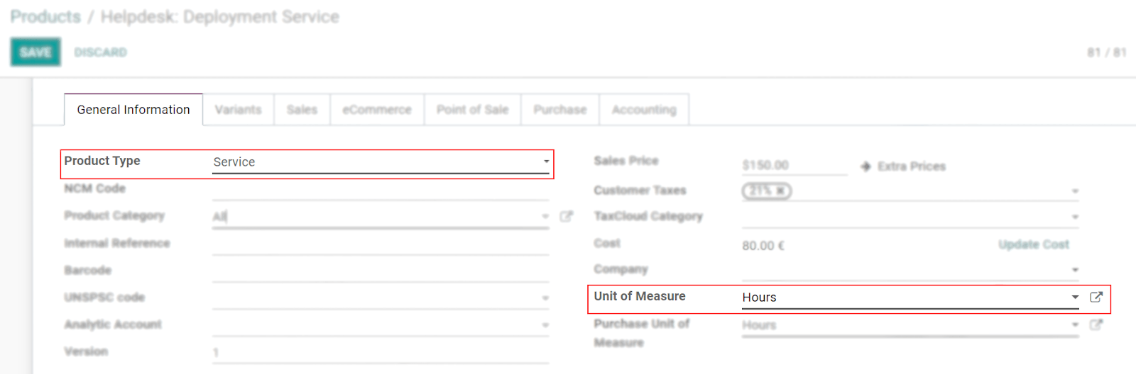 View of a product's form emphasizing the product type and unit of measure fields in CoquiAPPs Sales