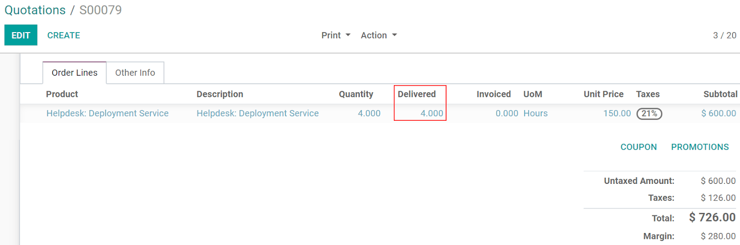 View of a sales order emphasizing the delivered column in CoquiAPPs Sales