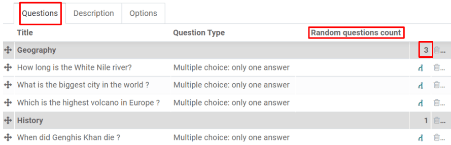 Randomized question count in the questions tab of a survey.