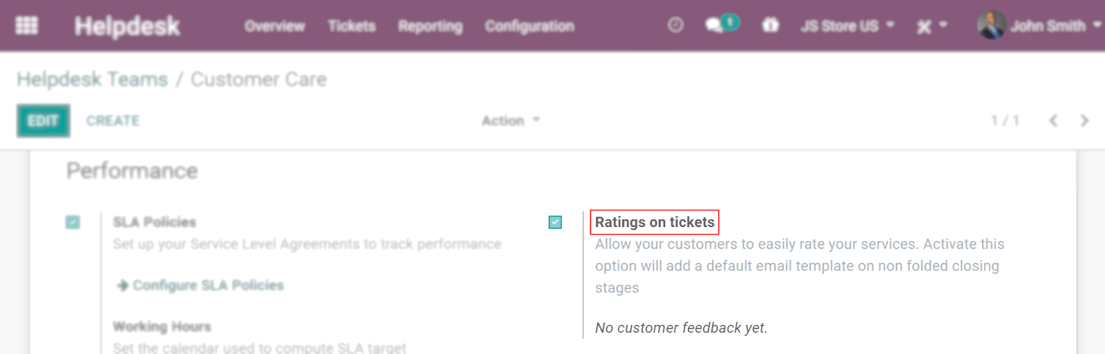 Overview of the settings page of a helpdesk team emphasizing the rating on ticket feature in CoquiAPPs Helpdesk