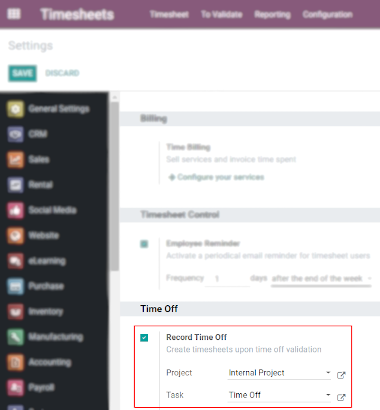 View of Timesheets setting enabling the feature record time off in CoquiAPPs Timesheets