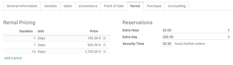 Example of rental pricing configuration in CoquiAPPs Rental