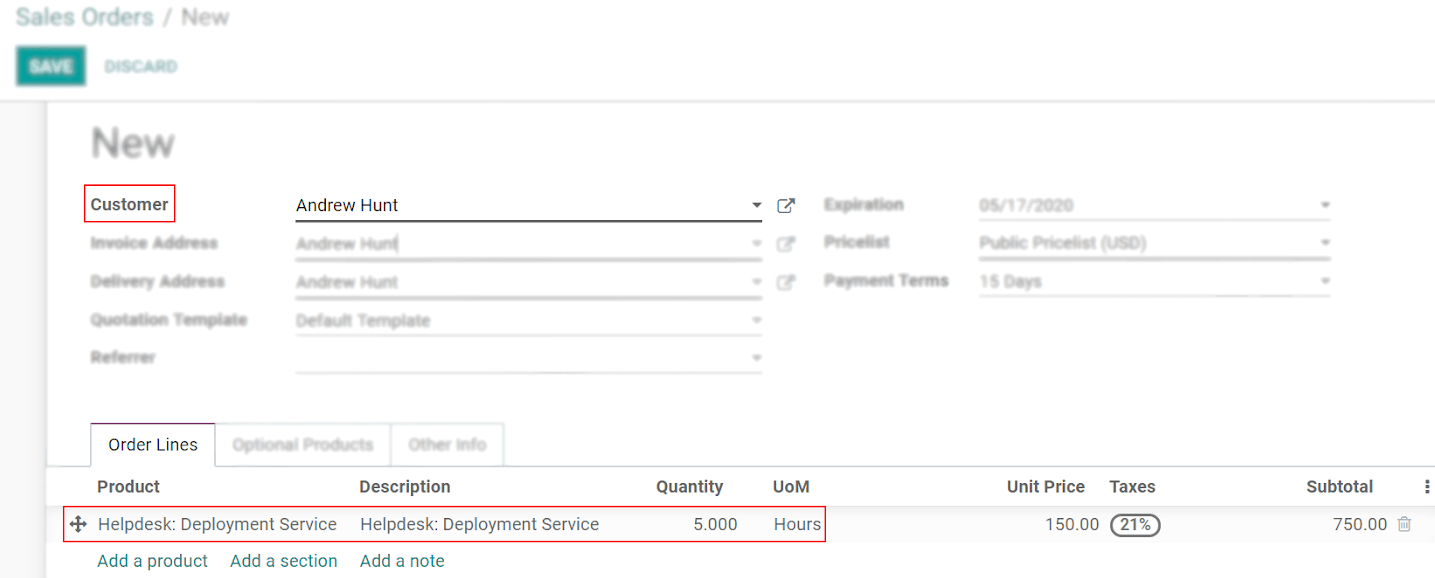 View of a sales order emphasizing the order lines in CoquiAPPs Sales