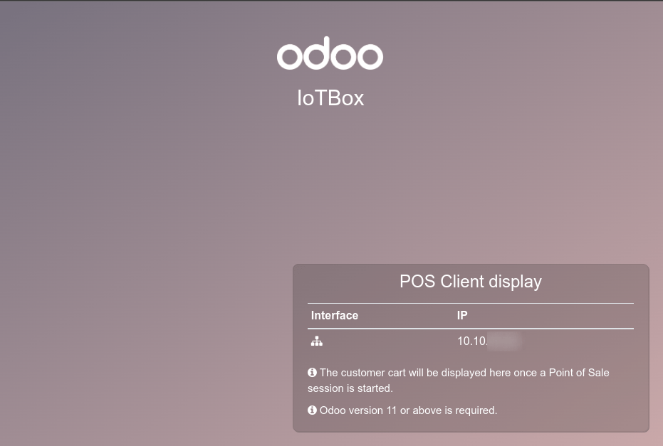 The default "POS Client Display" screen that appears when a screen display is successfully connected to an IoT Box.